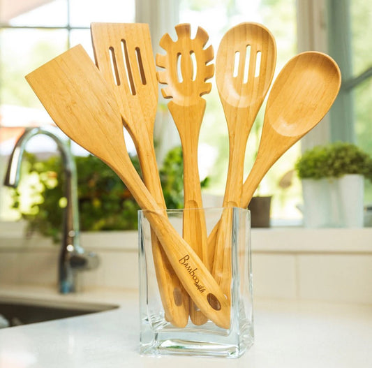 5 Pieces Bamboo Kitchen Utensils Set, Eco-Friendly Product, Plastic-Free